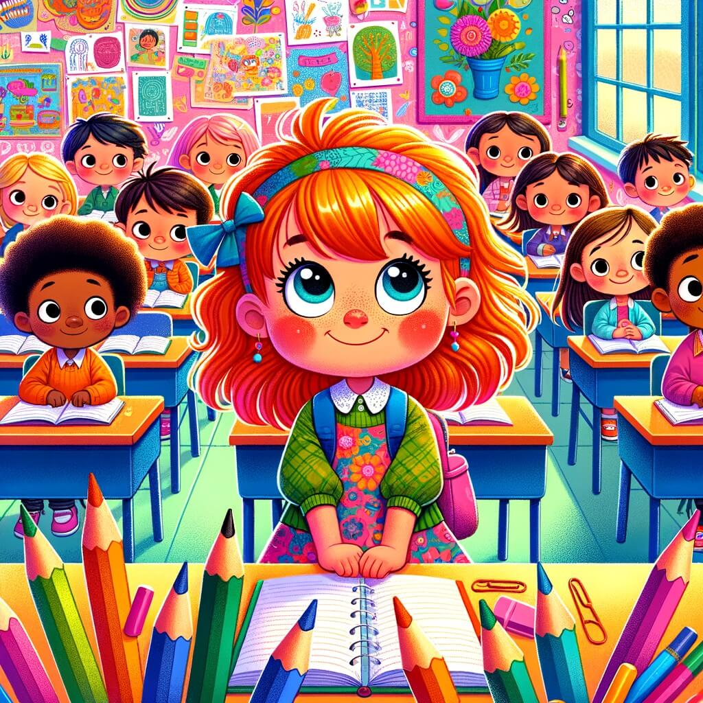 Une illustration destinée aux enfants représentant une petite fille curieuse et pleine de vie, confrontée à de nouvelles règles à l'école, accompagnée de ses amis, dans une classe colorée remplie de livres, de crayons et de dessins accrochés aux murs.