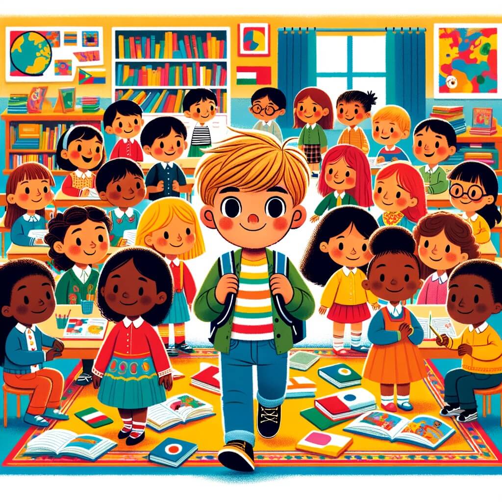 Une illustration destinée aux enfants représentant un petit garçon, entouré de ses camarades, vivant une aventure éducative dans une école colorée, pleine de livres, de tableaux et de rires.