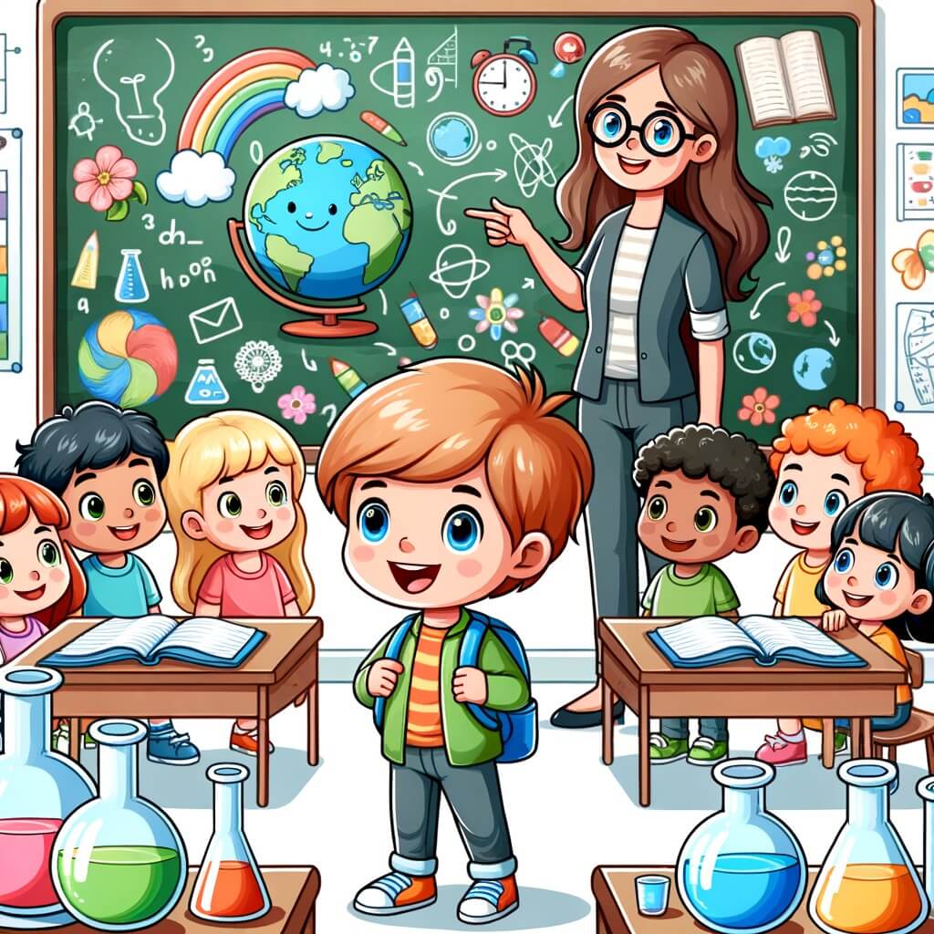 Une illustration destinée aux enfants représentant un petit garçon curieux, entouré de ses amis, découvrant une nouvelle école colorée et animée, avec une enseignante souriante, dans une salle de classe remplie de livres, de tableaux et d'expériences scientifiques.