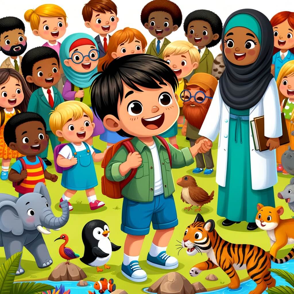 Une illustration destinée aux enfants représentant un petit garçon plein d'enthousiasme, accompagné de sa classe et de sa maîtresse, découvrant un zoo coloré et animé, où les animaux exotiques éveillent leur curiosité.