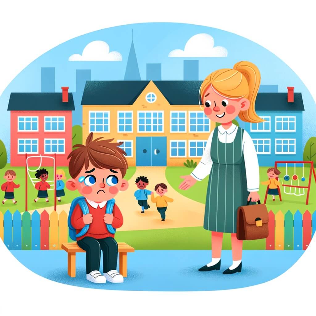 Une illustration pour enfants représentant un petit garçon timide qui doit s'adapter à une nouvelle école dans une ville inconnue.