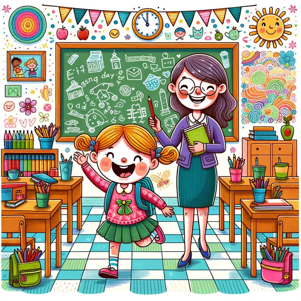 Une illustration destinée aux enfants représentant une petite fille pleine d'enthousiasme vivant une journée extraordinaire à l'école, accompagnée de son maître bienveillant, dans une classe colorée remplie de dessins joyeux et de matériel scolaire.