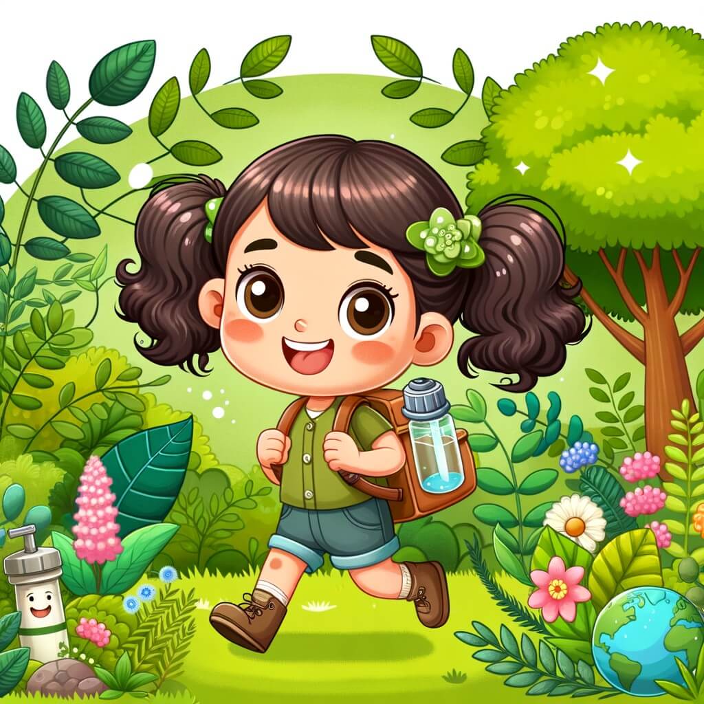 Une illustration pour enfants représentant une petite fille pleine d'énergie, engagée pour l'écologie, vivant des aventures écologiques dans un jardin verdoyant.