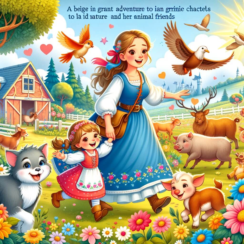 Une illustration pour enfants représentant une petite fille pleine de vie qui s'engage à protéger la nature et les animaux dans un parc magnifiquement fleuri.