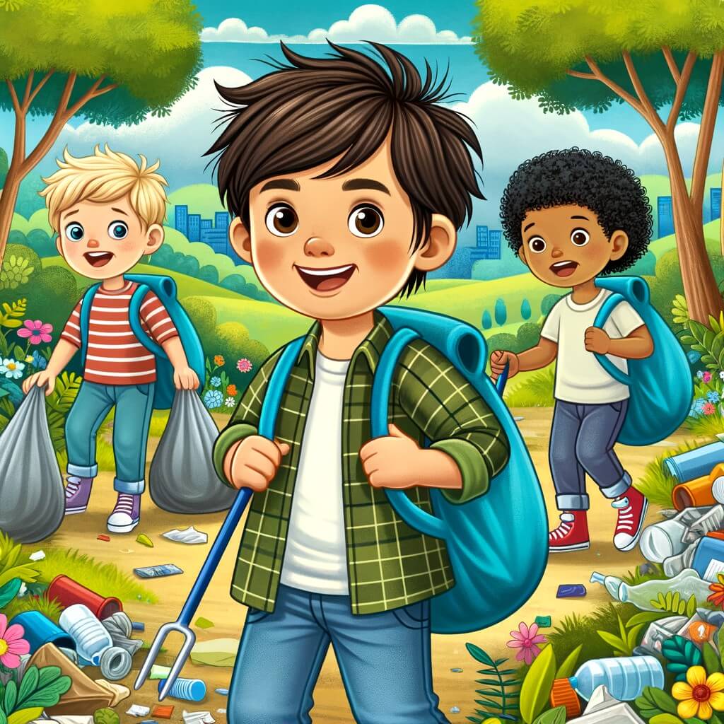 Une illustration pour enfants représentant un petit garçon qui organise une grande chasse au trésor pour nettoyer le parc rempli de déchets.