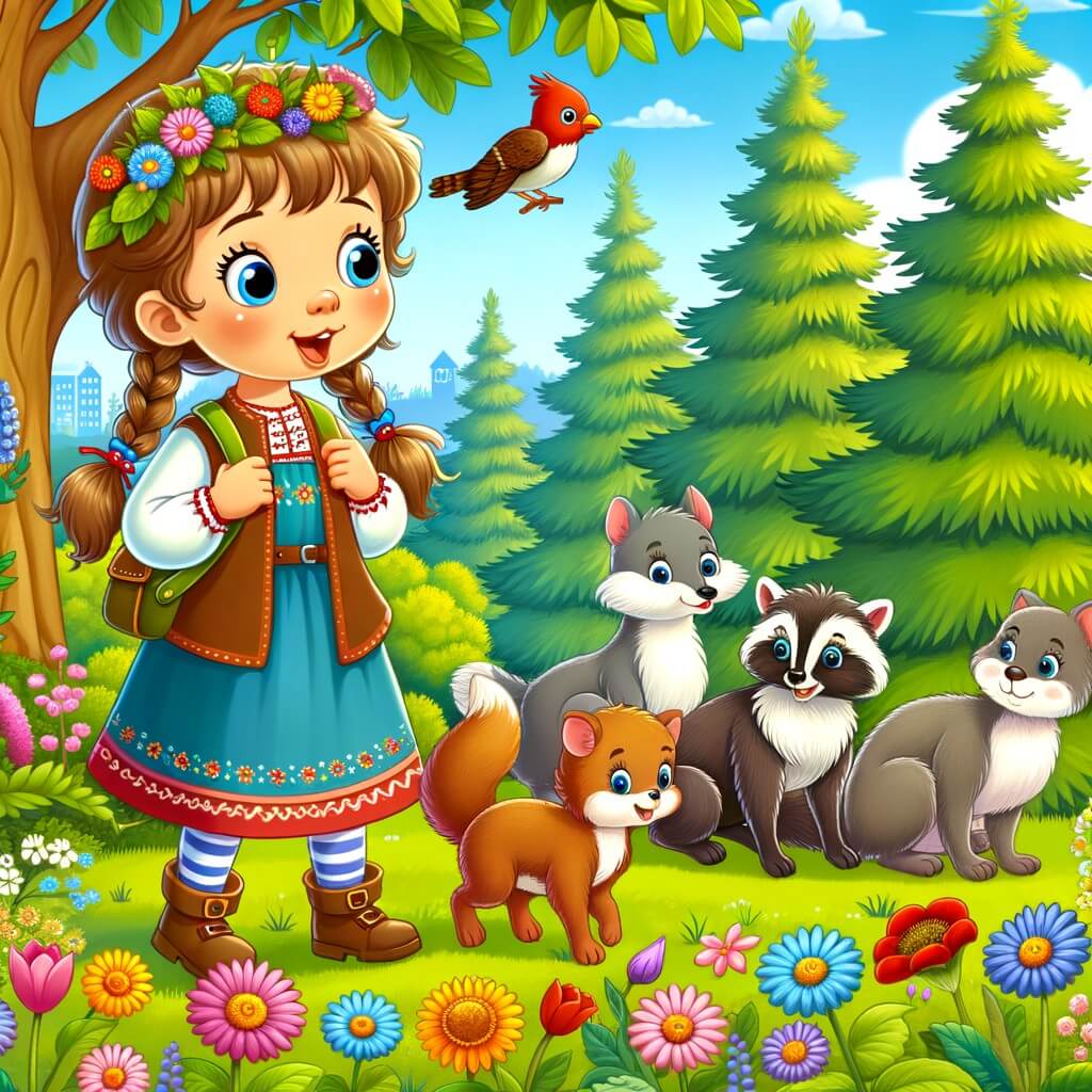 Une illustration destinée aux enfants représentant une petite fille curieuse et enthousiaste qui découvre la nature et s'engage à protéger l'environnement, accompagnée de ses amis animaux, dans un parc verdoyant rempli de fleurs colorées et d'arbres majestueux.