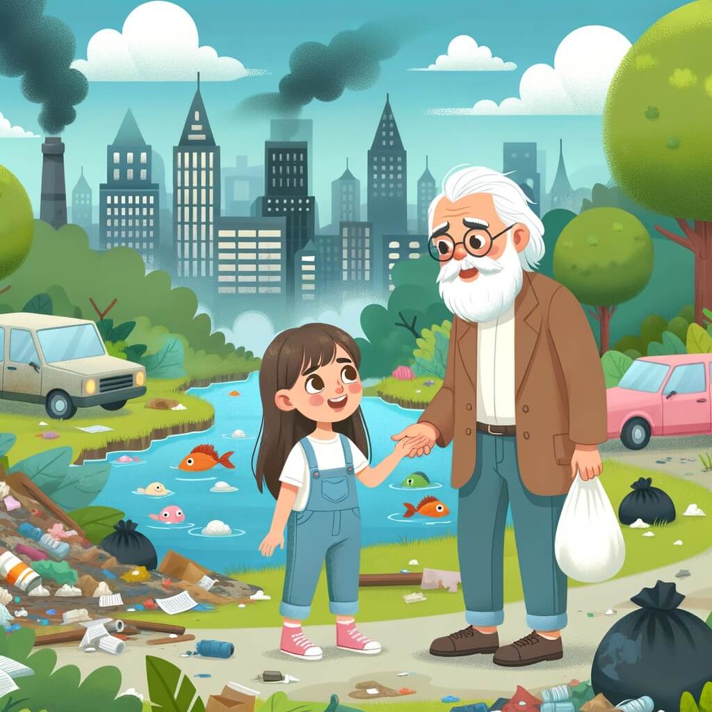 Une illustration destinée aux enfants représentant une petite fille passionnée par la nature, découvrant la pollution avec l'aide d'un gentil monsieur, dans une ville remplie de déchets et de voitures polluantes, entourée de bois et d'une rivière polluée.