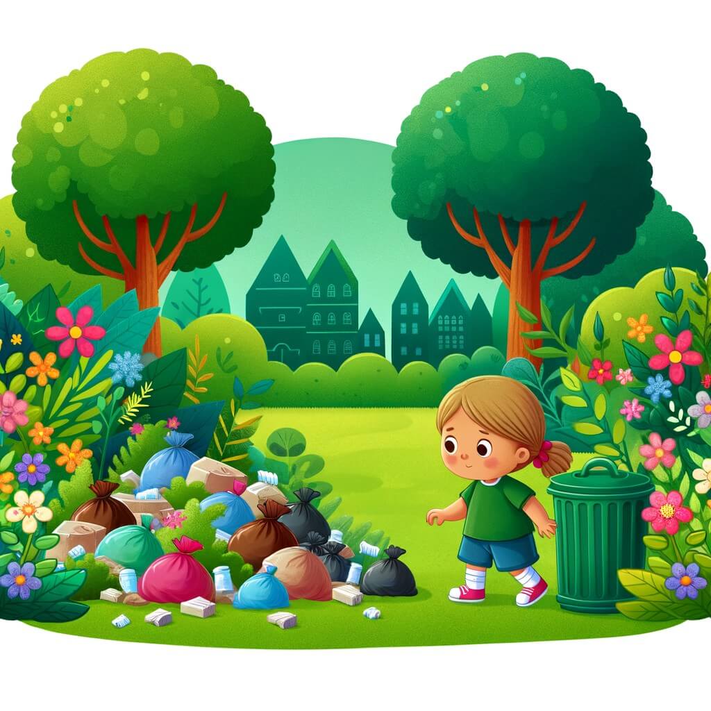 Une illustration destinée aux enfants représentant une petite fille curieuse et déterminée, qui se retrouve face à un tas de déchets dans un parc verdoyant, où des fleurs colorées s'épanouissent et des arbres majestueux se dressent fièrement.