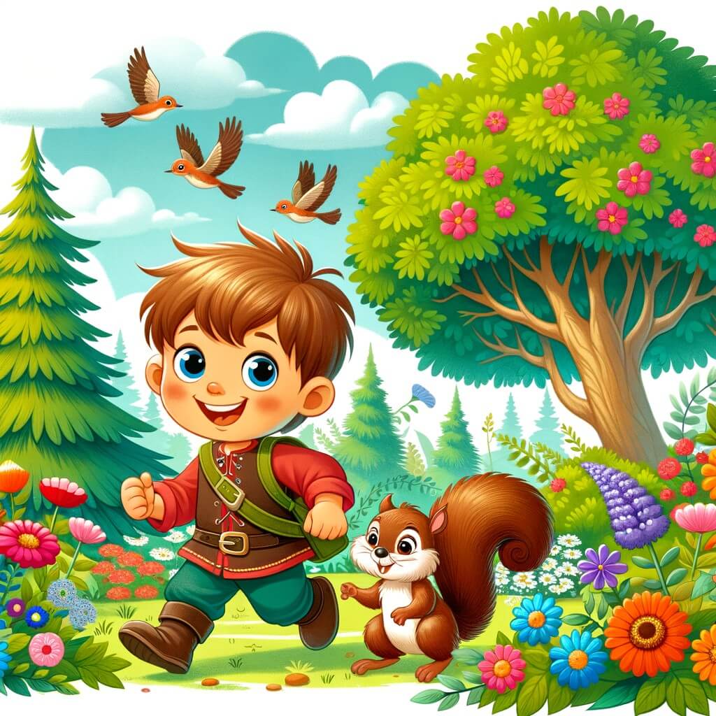 Une illustration pour enfants représentant un petit garçon plein de curiosité, partant à l'aventure dans un jardin enchanté, à la découverte de la nature et de l'importance de l'écologie.