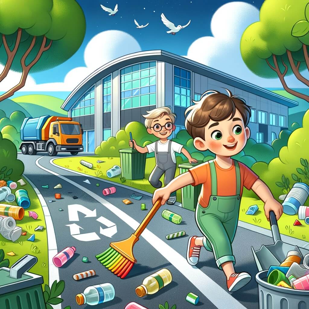 Une illustration pour enfants représentant un petit garçon écolo qui ramasse des déchets avec son voisin dans une rue bordée de maisons avec jardins.