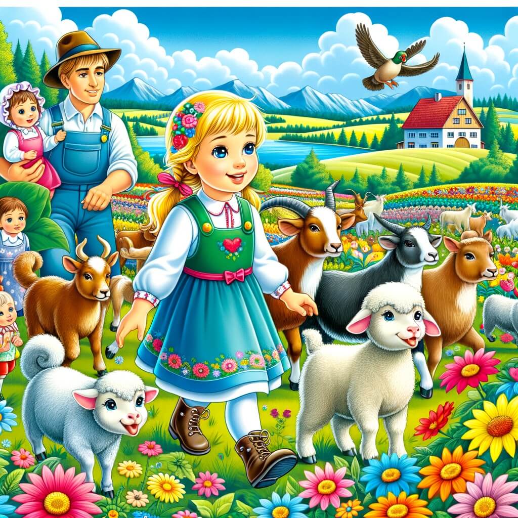 Une illustration destinée aux enfants représentant une petite fille pleine de vie, qui découvre la ferme aux animaux variés et colorés, accompagnée de sa famille, dans un paysage verdoyant avec des fleurs multicolores et un ciel bleu azur.