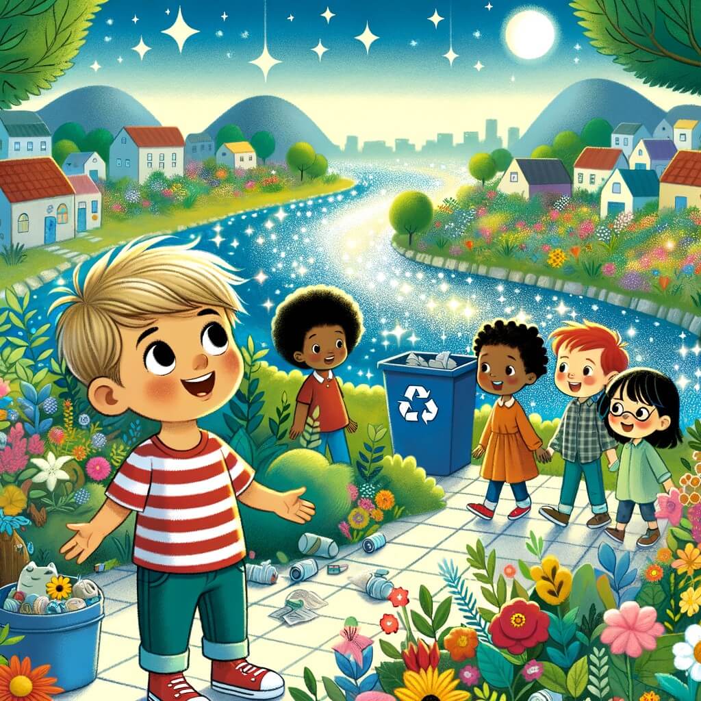 Une illustration pour enfants représentant un jeune aventurier curieux et passionné découvrant l'importance de l'écologie et s'engageant à protéger la nature dans son quartier animé.