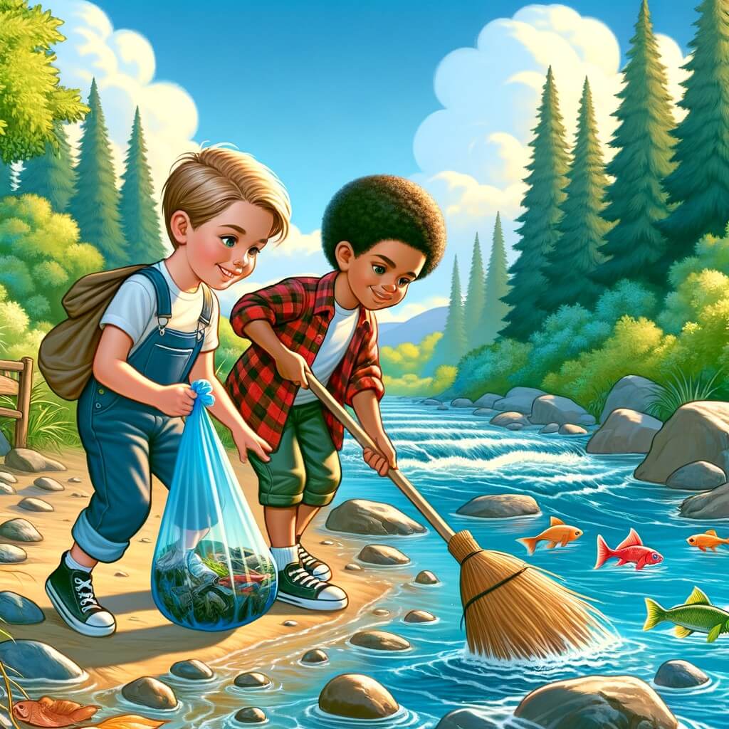 Une illustration pour enfants représentant un petit garçon plein d'énergie qui découvre une rivière polluée et décide de la nettoyer avec l'aide de son ami, dans un magnifique paysage naturel.