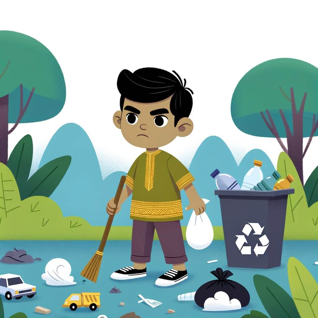 Une illustration pour enfants représentant un petit garçon plein de détermination qui nettoie un parc rempli de déchets pour rendre son environnement plus propre et plus beau.
