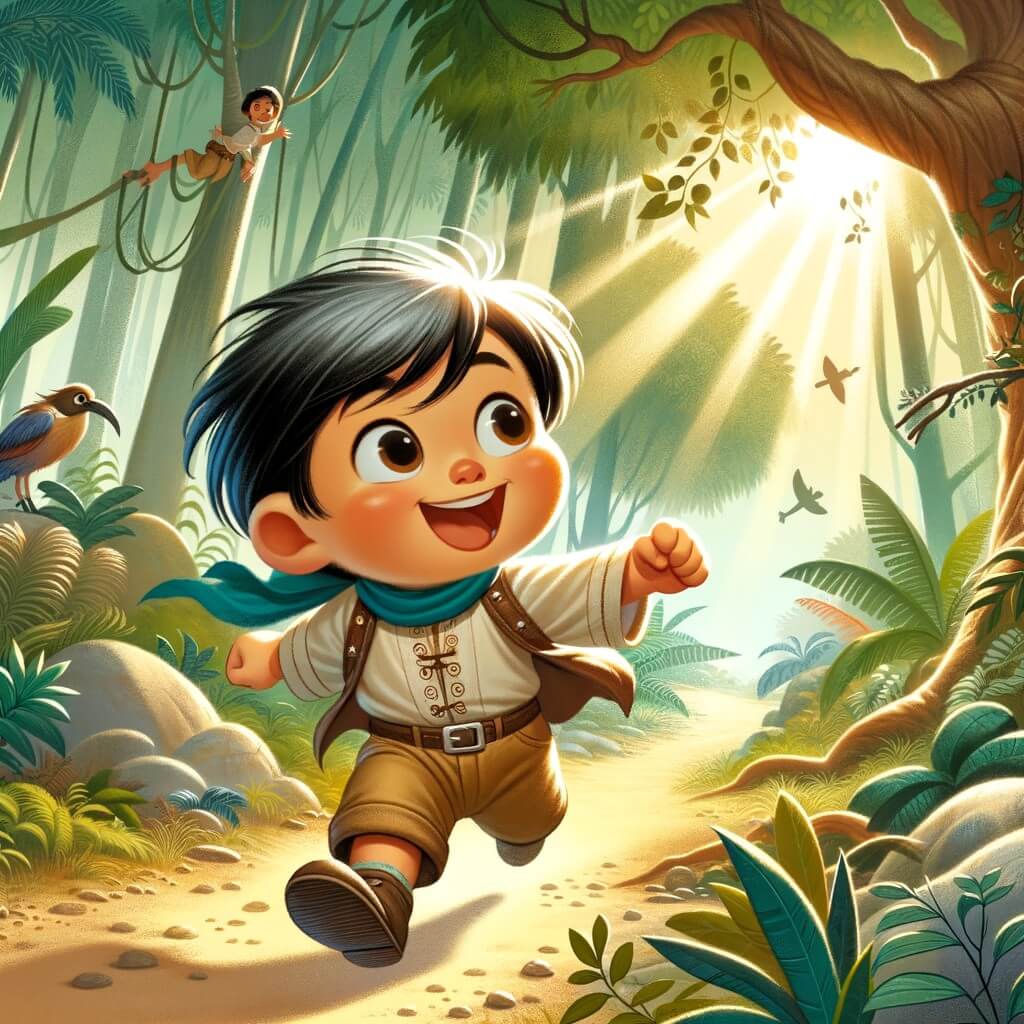 Une illustration pour enfants représentant un petit garçon curieux et plein d'énergie, partant à l'aventure dans une forêt enchantée où il découvre les merveilles de la nature et apprend à protéger l'environnement.