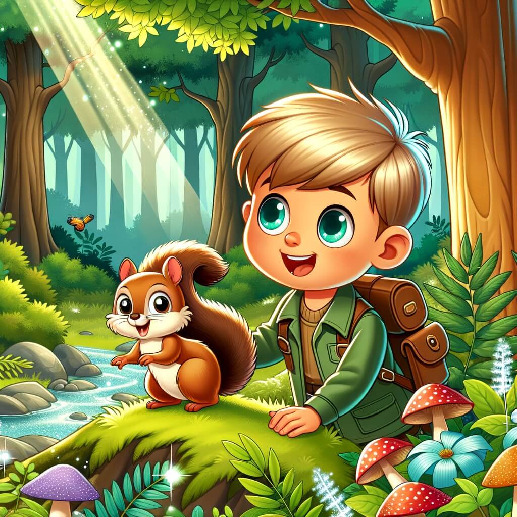 Une illustration pour enfants représentant un petit garçon curieux découvrant un ruisseau dans une forêt enchantée, et apprenant à protéger la nature qui l'entoure.
