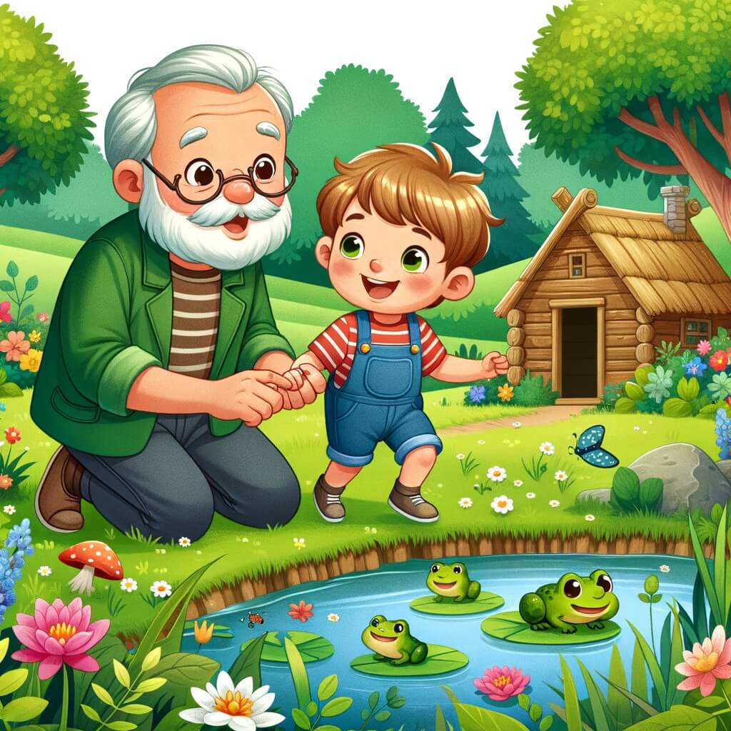 Une illustration destinée aux enfants représentant un petit garçon curieux et aventurier, accompagné de son grand-père bienveillant, découvrant la nature luxuriante d'une campagne verdoyante parsemée de fleurs colorées, d'un étang peuplé de grenouilles sautillantes et d'une cabane en bois qu'ils ont construite ensemble.