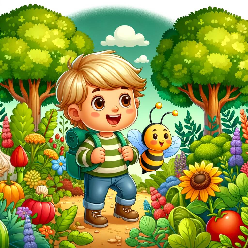 Une illustration pour enfants représentant un petit garçon qui apprend à respecter la nature, dans son jardin coloré rempli de fleurs et d'insectes butineurs.