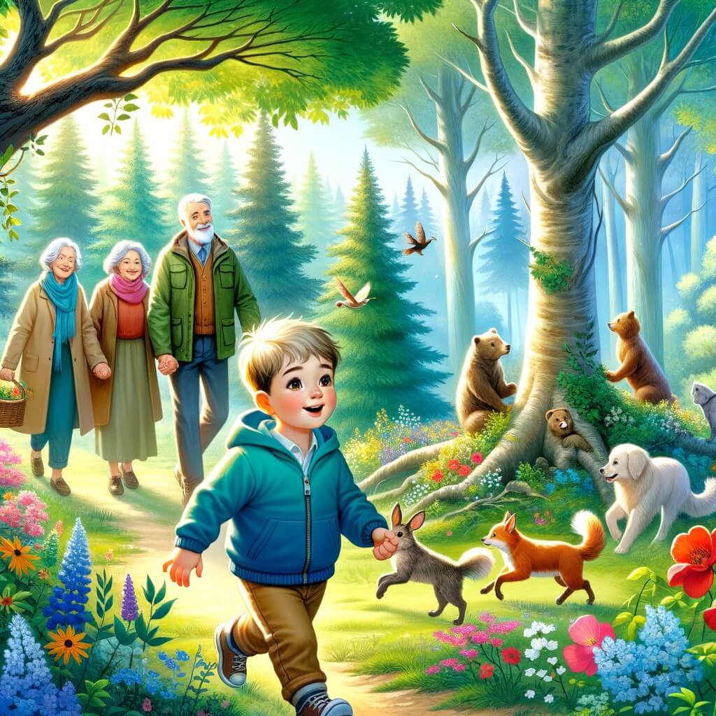 Une illustration pour enfants représentant un petit garçon curieux et aventurier découvrant l'importance de recycler, lors d'une randonnée en montagne avec sa famille.