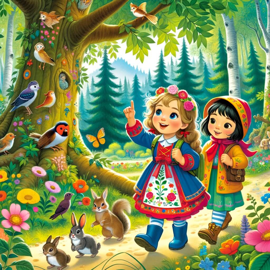 Une illustration pour enfants représentant une petite fille passionnée de nature qui découvre l'écologie lors d'une promenade dans la forêt.