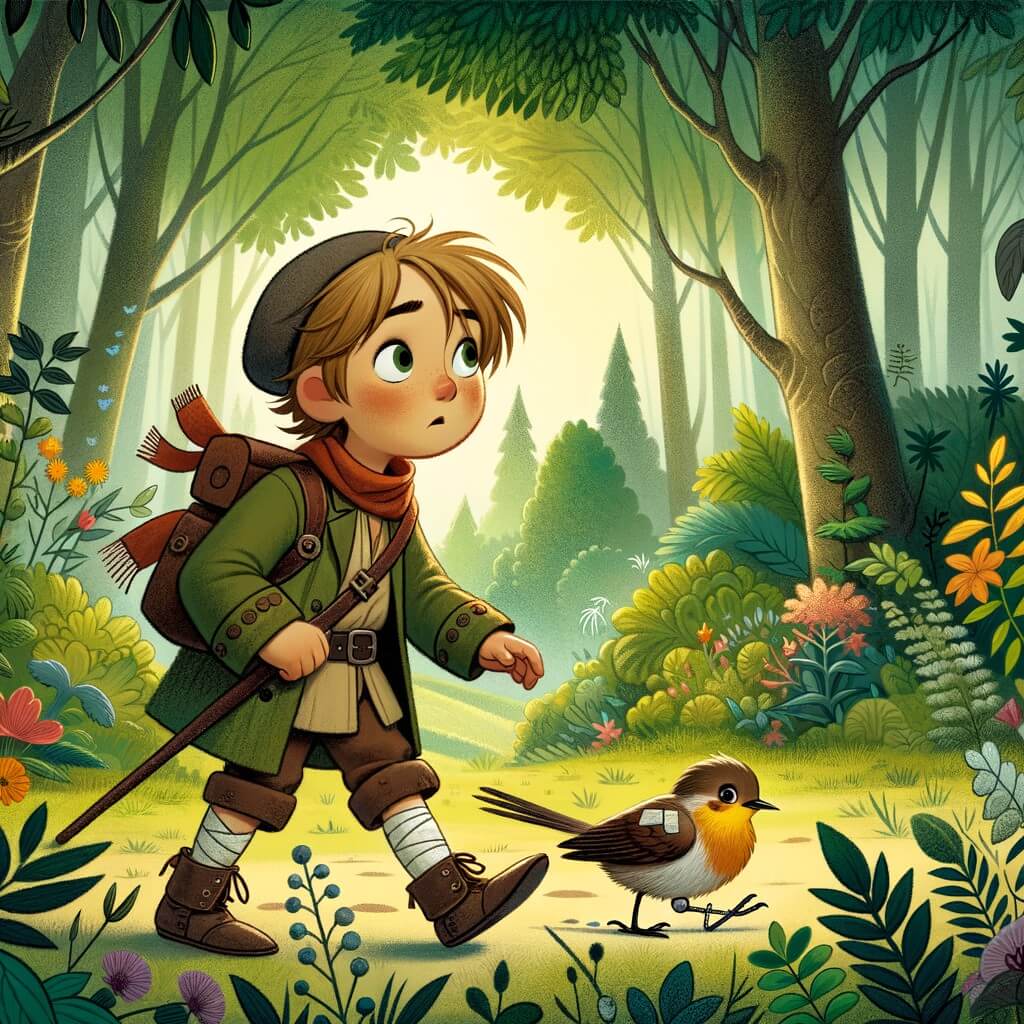 Une illustration destinée aux enfants représentant un petit garçon curieux et déterminé, accompagné d'un oiseau blessé, dans une forêt luxuriante où l'air est chargé d'une odeur étrange.