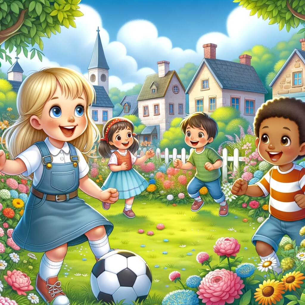 Une illustration destinée aux enfants représentant une petite fille pleine de curiosité, découvrant le football avec enthousiasme, accompagnée de ses amis, dans un jardin verdoyant et fleuri, au cœur d'une petite ville paisible.