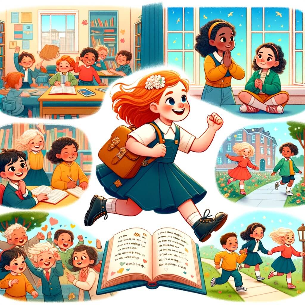 Une illustration pour enfants représentant une petite fille pleine de vie et d'énergie, qui rêve d'un monde où filles et garçons sont égaux, et où son histoire se déroule à l'école, à la bibliothèque et au parc.