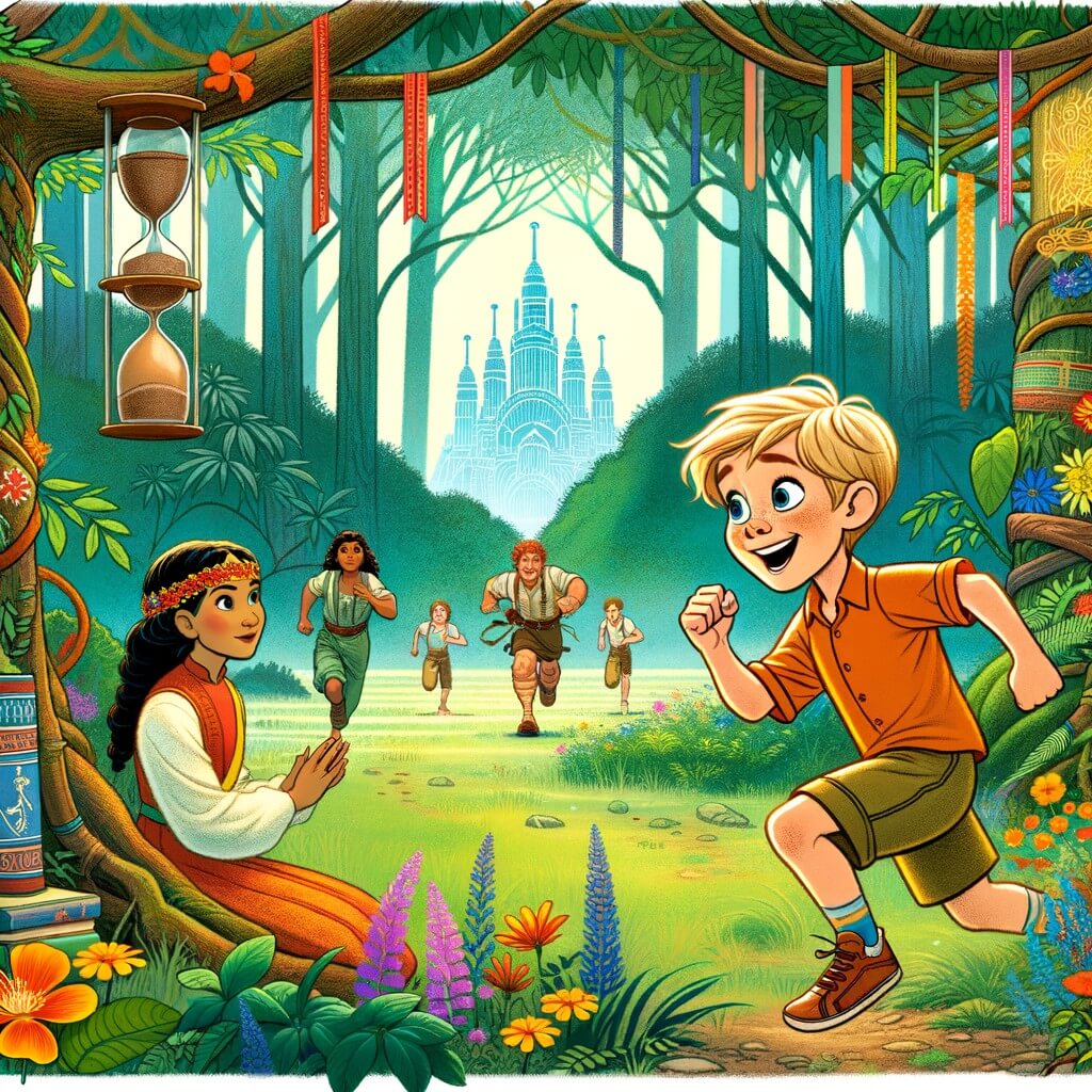 Une illustration pour enfants représentant un petit garçon qui découvre une compétition de course pour enfants dans les bois près de chez lui.