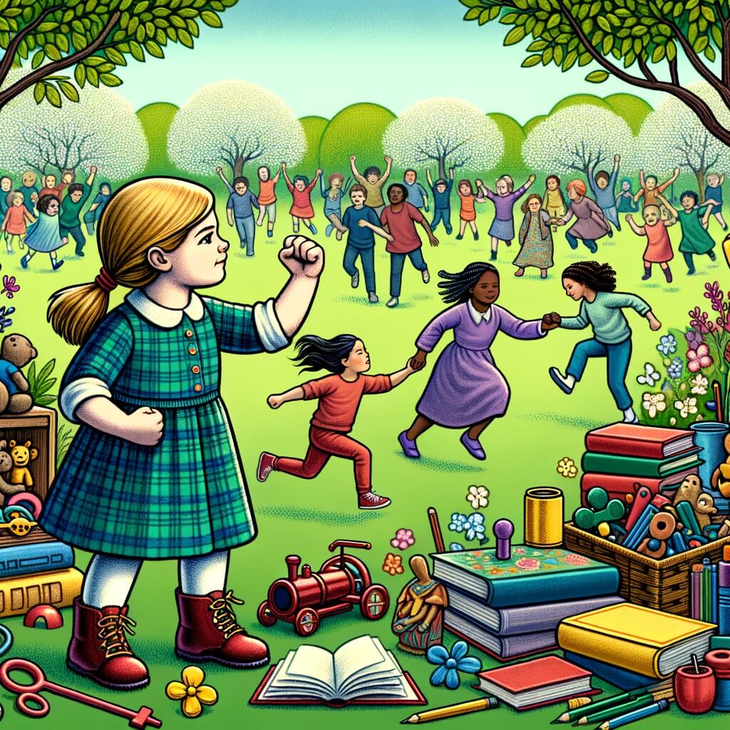 Une illustration pour enfants représentant une petite fille courageuse qui défie les stéréotypes de genre lors d'une course de vélo dans un parc.