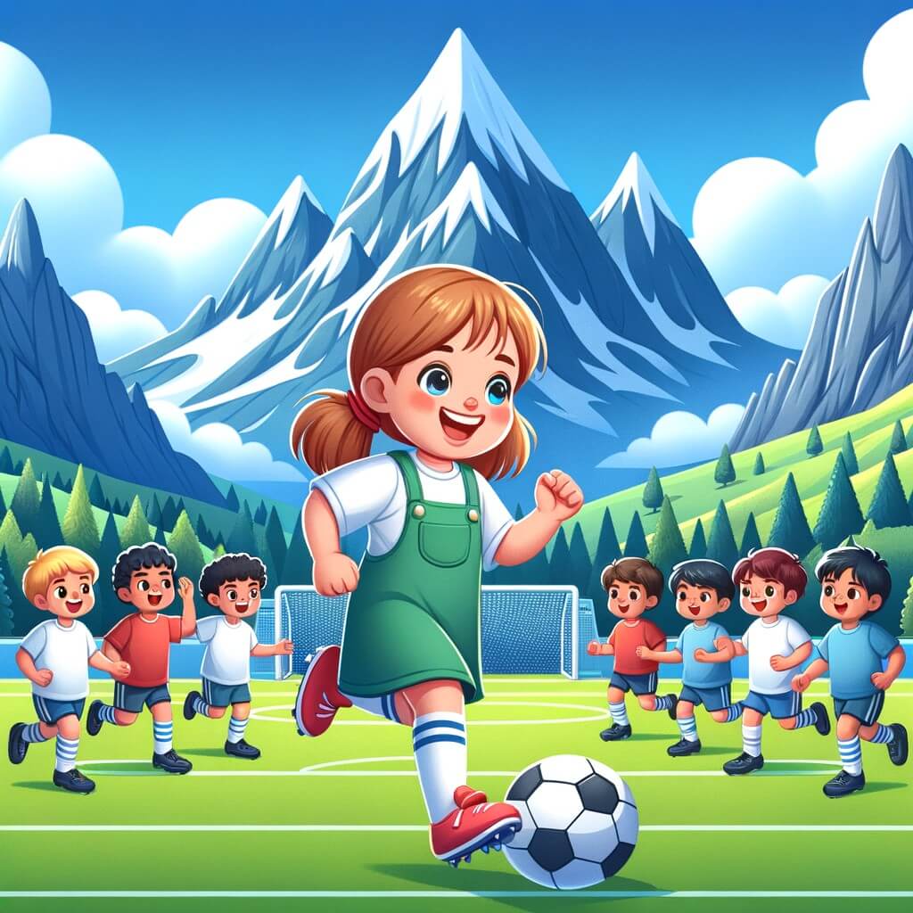 Une illustration destinée aux enfants représentant une petite fille pleine d'énergie et de joie, défiant les stéréotypes de genre en jouant au football avec des garçons, dans un magnifique stade verdoyant entouré de montagnes majestueuses et sous un ciel bleu éclatant.