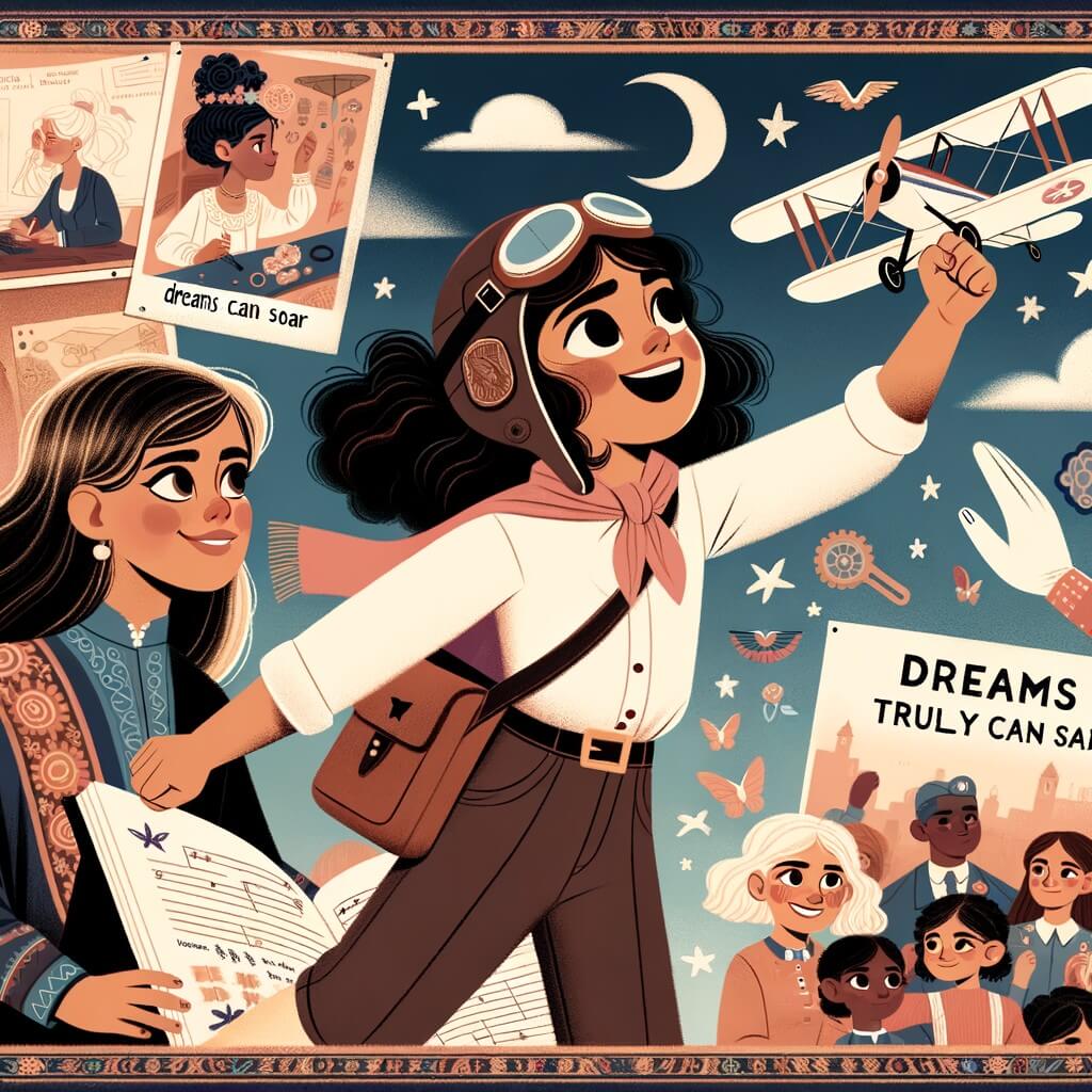 Une illustration pour enfants représentant une petite fille passionnée par les avions, qui réalise son rêve de devenir pilote et inspire les autres à croire en l'égalité des sexes, dans un monde où les rêves prennent leur envol.