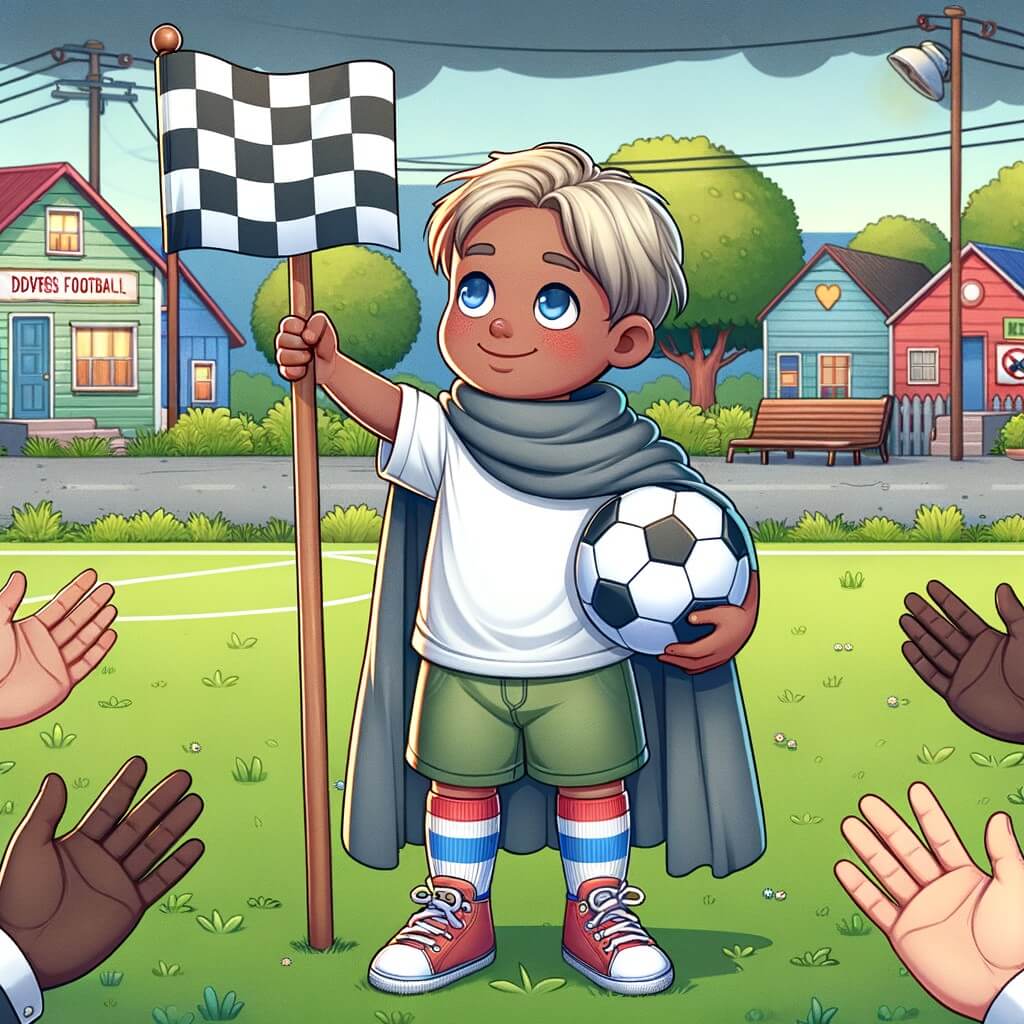 Une illustration pour enfants représentant un petit garçon passionné de football qui lutte pour l'égalité des sexes, dans une petite ville tranquille.