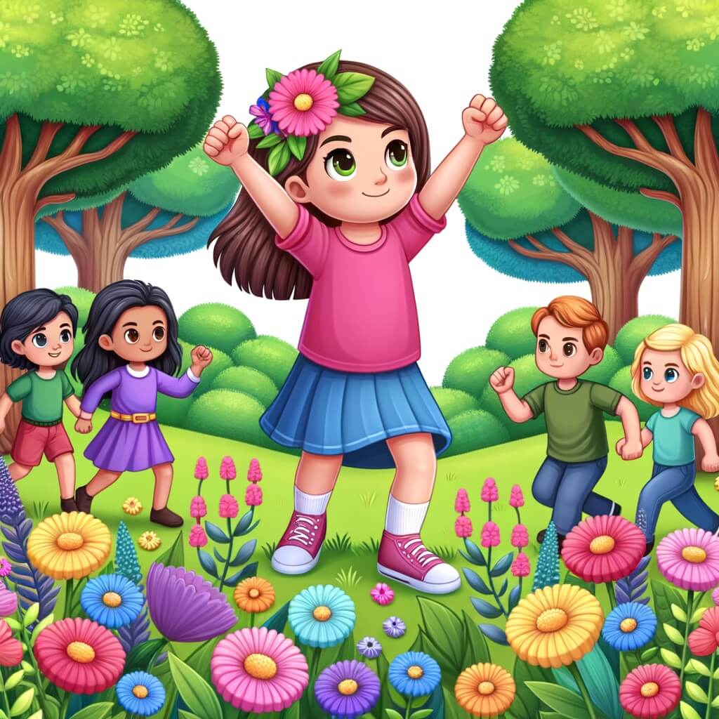 Une illustration destinée aux enfants représentant une petite fille déterminée qui défie les stéréotypes de genre, accompagnée de ses amis, dans un parc verdoyant rempli de fleurs multicolores et d'arbres majestueux.