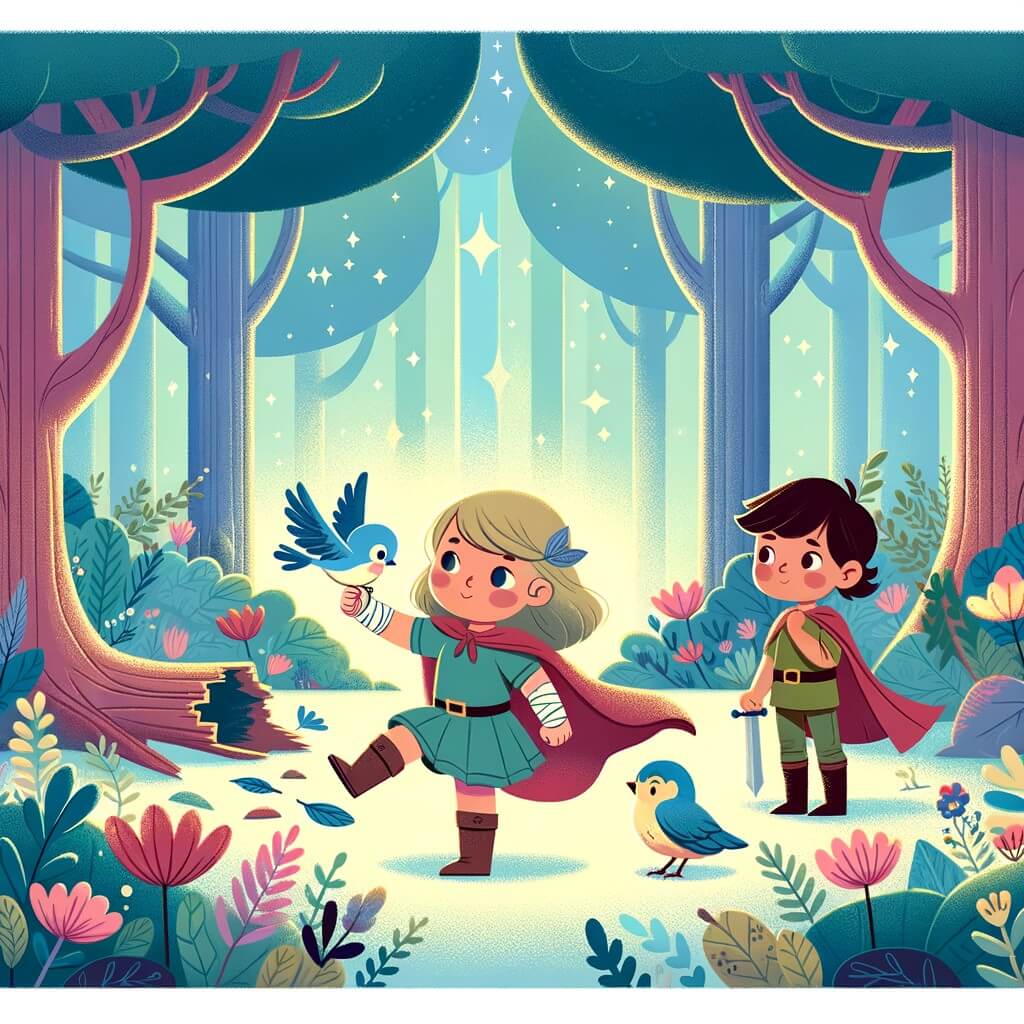Une illustration destinée aux enfants représentant une petite fille intrépide, défiant les stéréotypes de genre, accompagnée d'un oiseau blessé, dans une forêt enchantée aux arbres majestueux et aux fleurs chatoyantes.