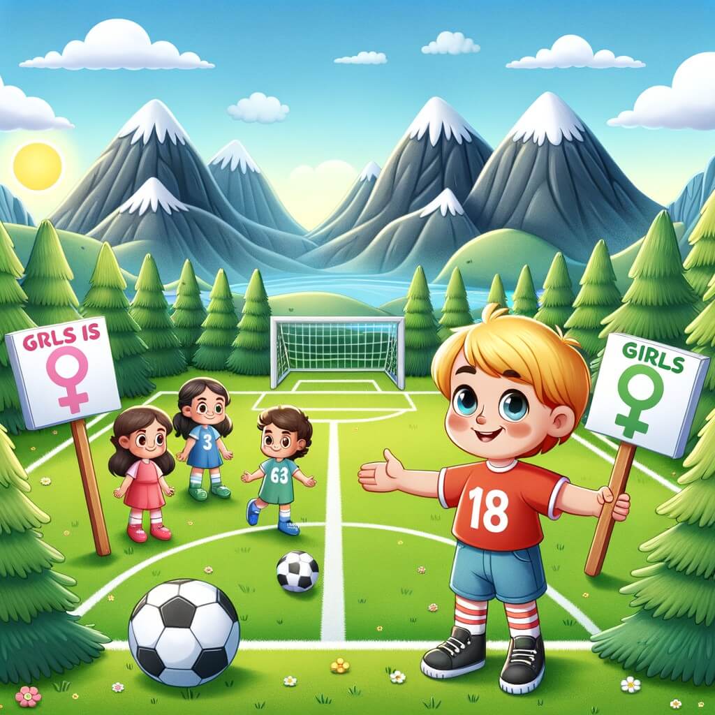 Une illustration destinée aux enfants représentant un petit garçon passionné de football, qui décide de défendre l'égalité des sexes en proposant aux filles de jouer avec lui et ses amis sur un terrain de foot verdoyant entouré de hautes montagnes, avec un ciel bleu et ensoleillé.