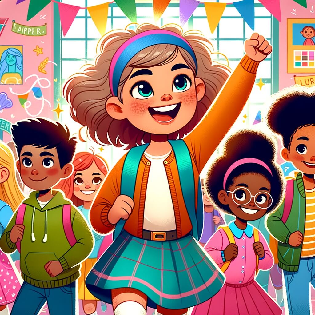 Une illustration destinée aux enfants représentant une petite fille pleine d'énergie et de détermination, qui défend l'égalité des sexes, accompagnée d'un groupe d'amis, dans une école colorée et animée où règne la joie et l'apprentissage.