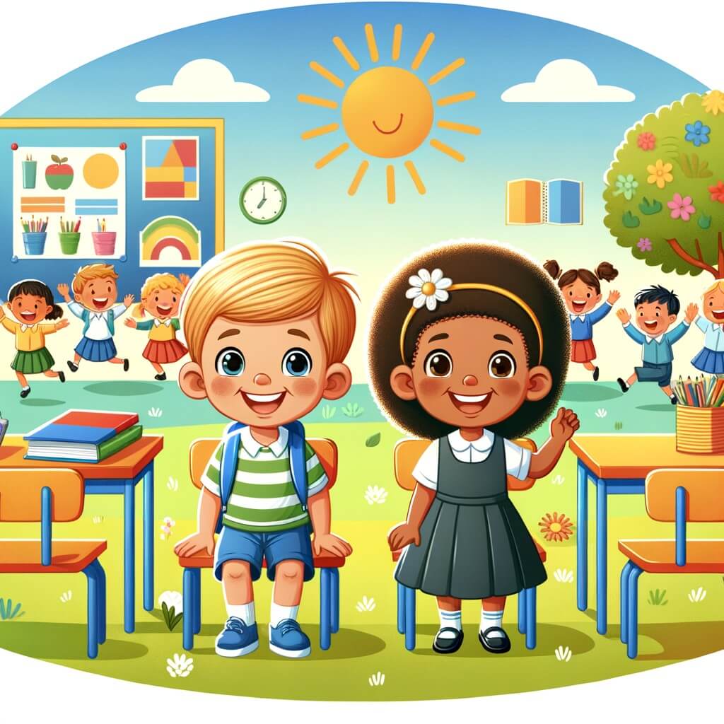 Une illustration destinée aux enfants représentant un petit garçon souriant, accompagné d'une nouvelle élève timide, dans une salle de classe colorée avec des pupitres, des livres et des affiches évoquant l'égalité des sexes, située au cœur d'une école entourée de joyeux enfants jouant dans une cour de récréation ensoleillée.
