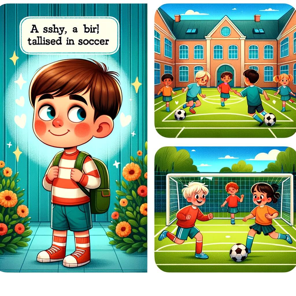 Une illustration pour enfants représentant un petit garçon qui déménage dans une nouvelle ville et doit faire face à des préjugés sur les filles qui jouent au foot, dans une école où il va rencontrer une fille talentueuse et inspirante.