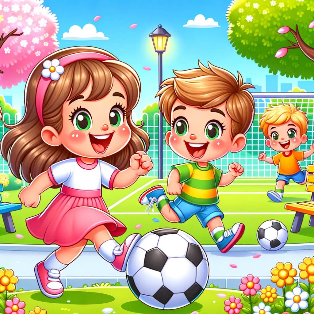 Une illustration pour enfants représentant une petite fille qui veut jouer au football avec les garçons, mais qui doit surmonter les stéréotypes de genre, dans une école.