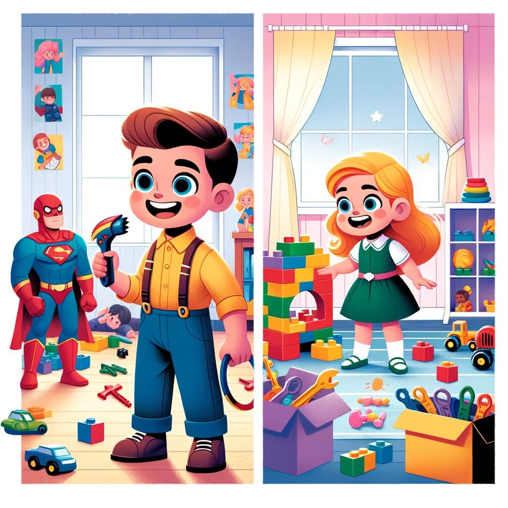 Une illustration destinée aux enfants représentant un petit garçon plein d'énergie, jouant avec des jouets de construction et des figurines de super-héros, qui fait la rencontre d'une petite fille, Lila, dans une salle de classe colorée remplie de blocs de construction et de jouets divers, où ils se lient d'amitié et apprennent l'importance de l'égalité des sexes.