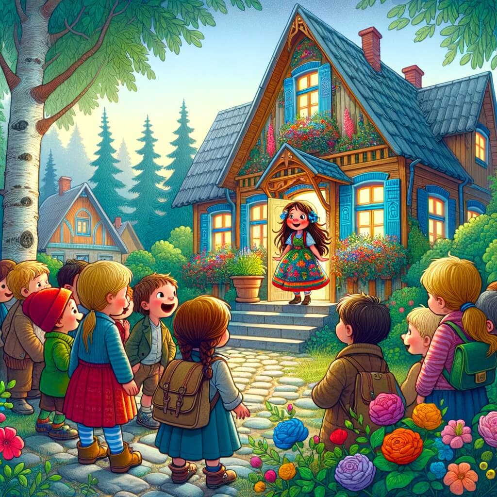 Une illustration destinée aux enfants représentant un petit garçon curieux, entouré de ses amis, découvrant une nouvelle voisine talentueuse dans une maison colorée avec un jardin verdoyant.