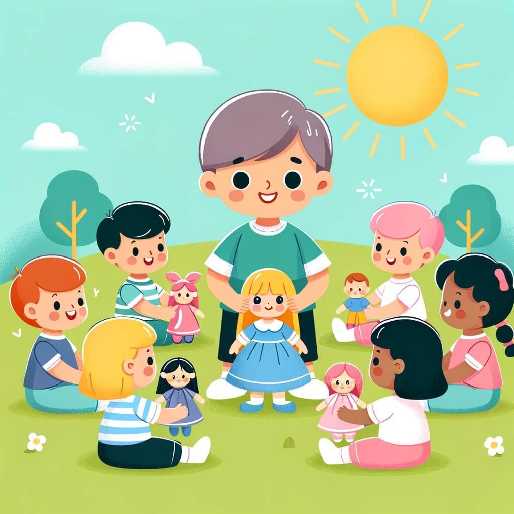 Une illustration destinée aux enfants représentant un petit garçon curieux, entouré de ses amis, jouant avec des poupées dans un parc ensoleillé, pour illustrer l'importance de l'égalité des sexes dans le choix des jeux et des activités.
