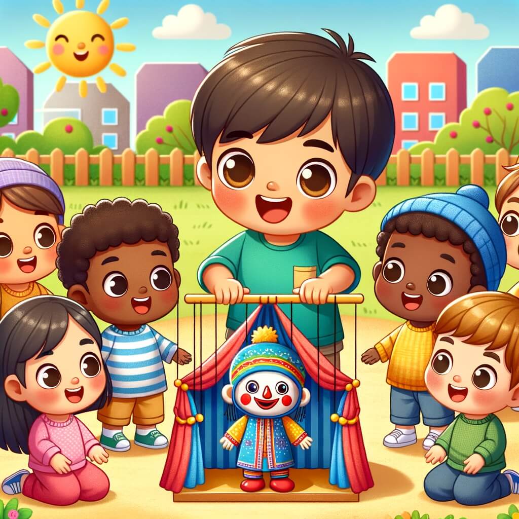 Une illustration destinée aux enfants représentant un petit garçon joyeux et curieux, entouré de ses amis, découvrant un spectacle de marionnettes colorées dans une cour de récréation ensoleillée de sa crèche.