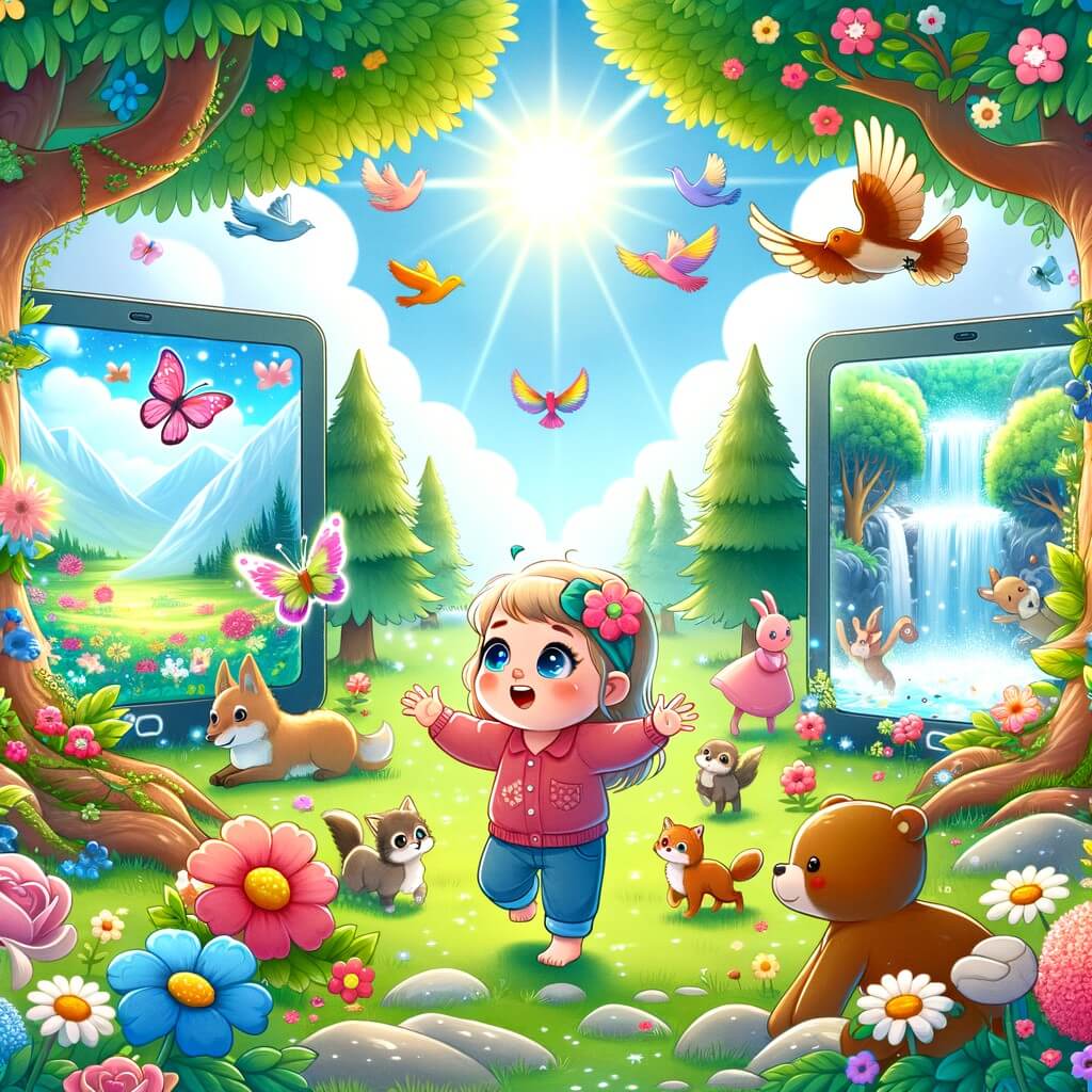 Une illustration pour enfants représentant une petite fille curieuse, plongée dans un monde imaginaire, se déroulant dans un jardin enchanté.