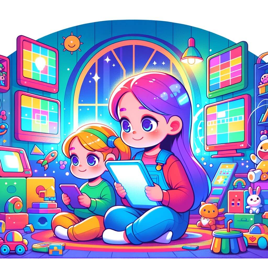 Une illustration destinée aux enfants représentant une petite fille captivée par les écrans, accompagnée d'un personnage secondaire bienveillant, dans une chambre colorée remplie de jouets et d'écrans lumineux.