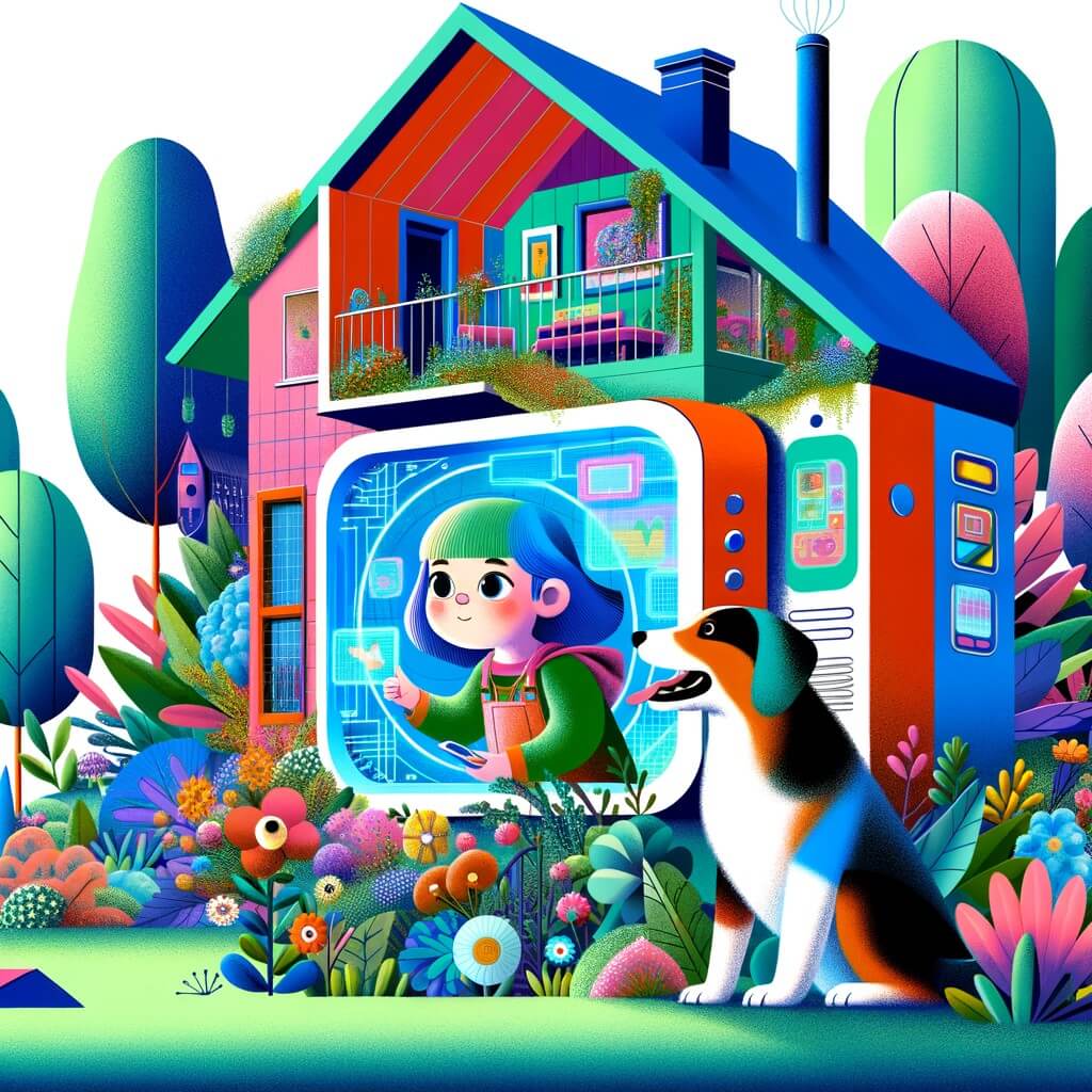 Une illustration pour enfants représentant une petite fille accro aux écrans qui décide de passer une journée sans eux, dans un jardin verdoyant et joyeux.