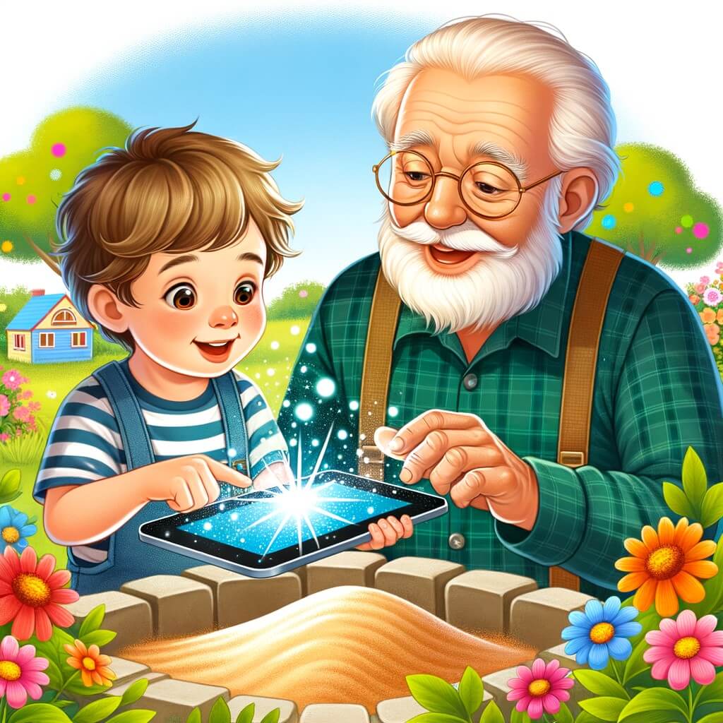 Une illustration pour enfants représentant un petit garçon captivé par l'écran d'une tablette électronique, dans un jardin ensoleillé.