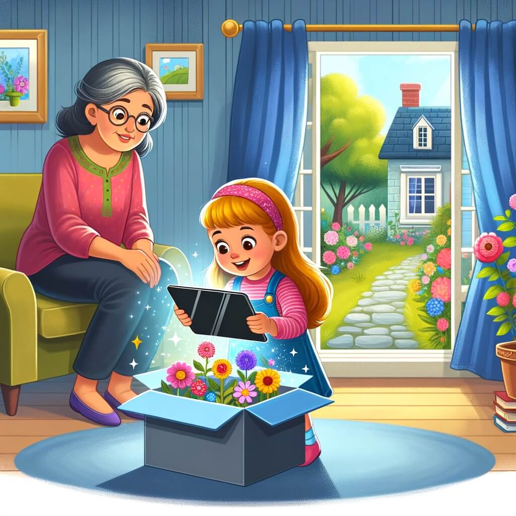 Une illustration destinée aux enfants représentant une petite fille pleine de curiosité découvrant une tablette électronique dans une boîte mystérieuse, accompagnée de sa maman, dans un salon lumineux avec une fenêtre donnant sur un jardin fleuri.