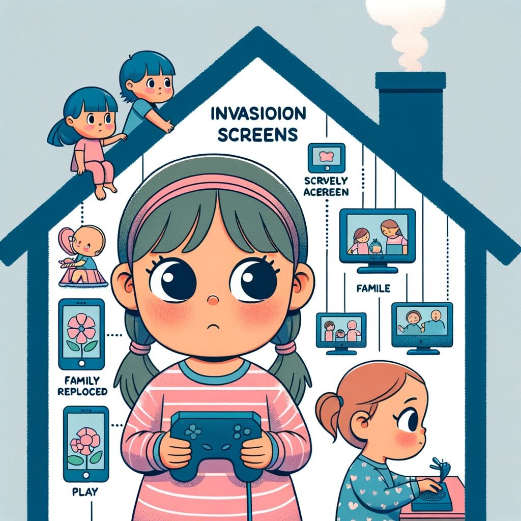 Une illustration destinée aux enfants représentant une petite fille curieuse, confrontée à l'envahissement des écrans dans sa vie familiale, avec pour personnage secondaire sa petite soeur, dans une maison où les écrans ont remplacé les moments de jeu et de partage en famille.