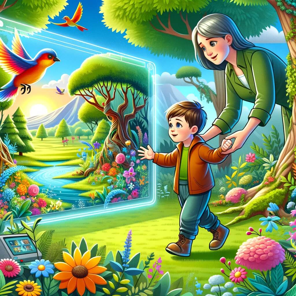 Une illustration pour enfants représentant un petit garçon fasciné par un écran, confronté à la découverte de la nature, dans un parc ensoleillé.